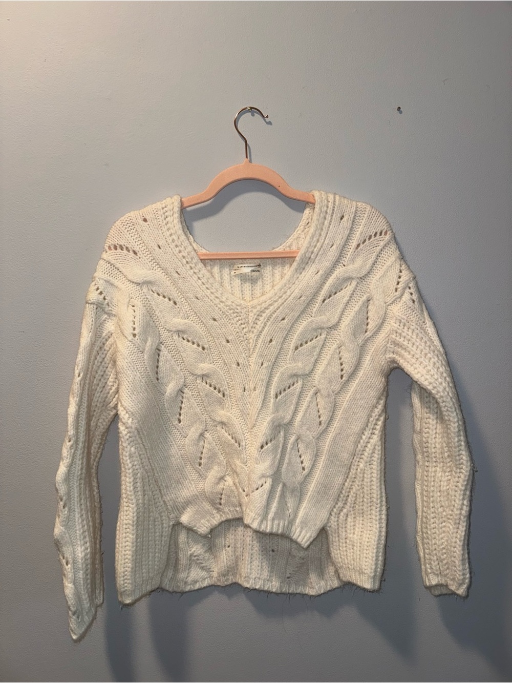 Anthropologie Cream Cable-Knit V-Neck Sweater